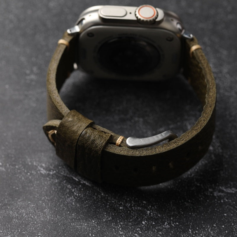 Correa de piel granulada verde militar para Apple Watch