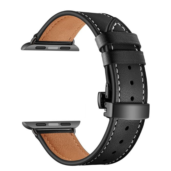 Apple Watch leather strap with white stitching - genuine leather black