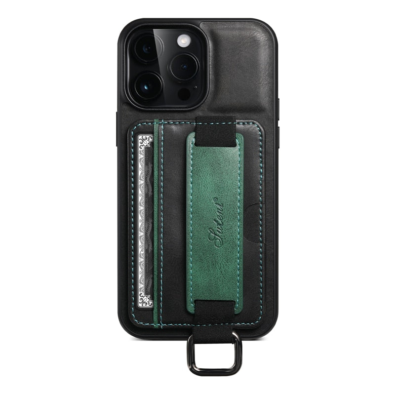 Card Pocket and Strap Leather iPhone Case