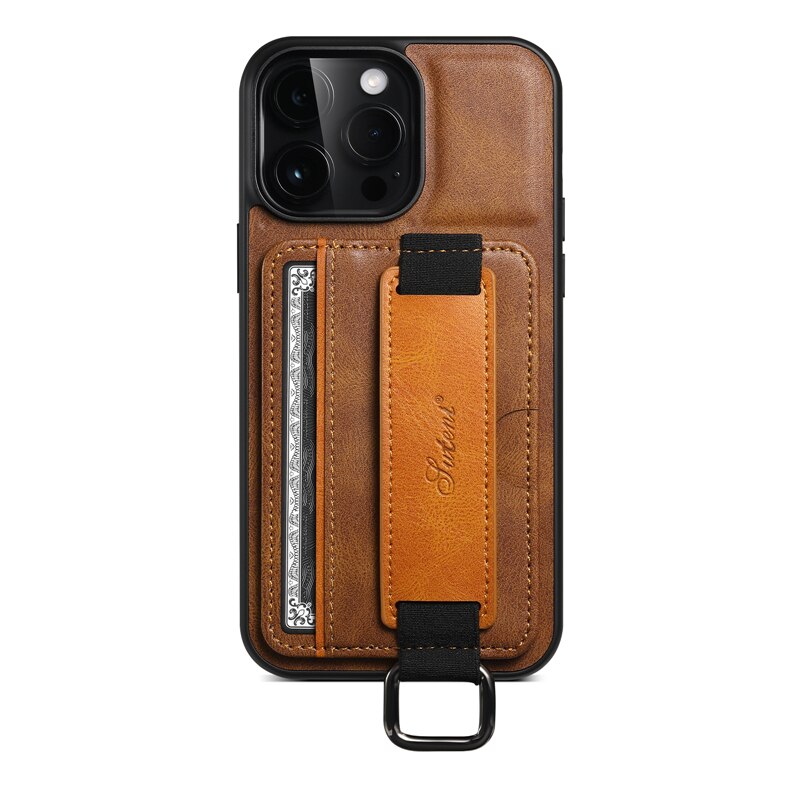 Funda de piel para iPhone con bolsillo para tarjetas y correa 