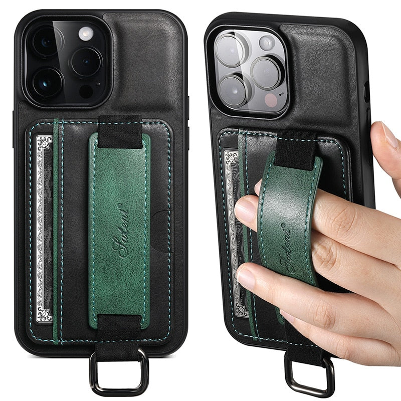 Funda de piel para iPhone con bolsillo para tarjetas y correa 