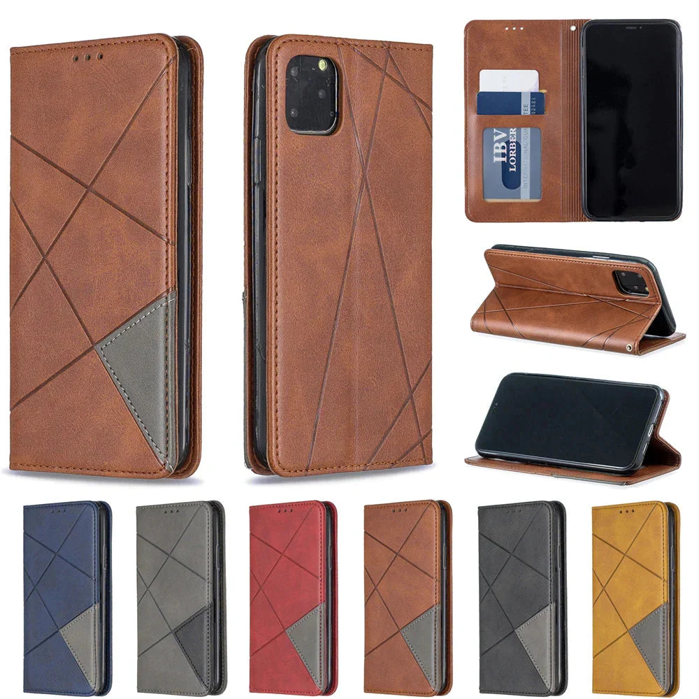 Funda tipo billetera de cuero con diseño geométrico para iPhone 