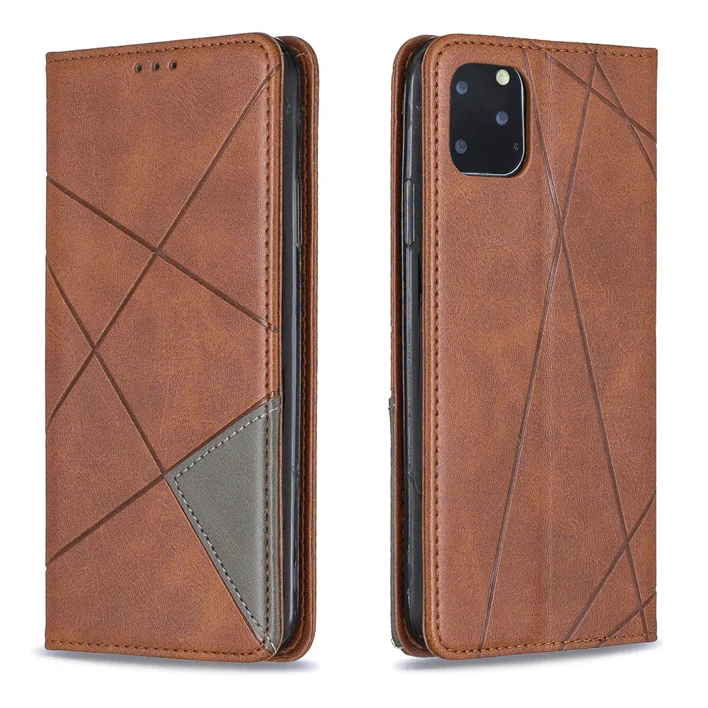 Funda tipo billetera de cuero con diseño geométrico para iPhone 