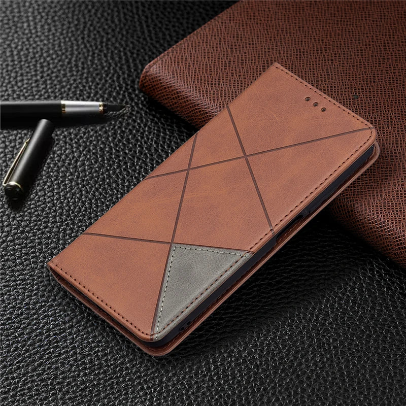 Funda tipo billetera de cuero con diseño geométrico para iPhone 