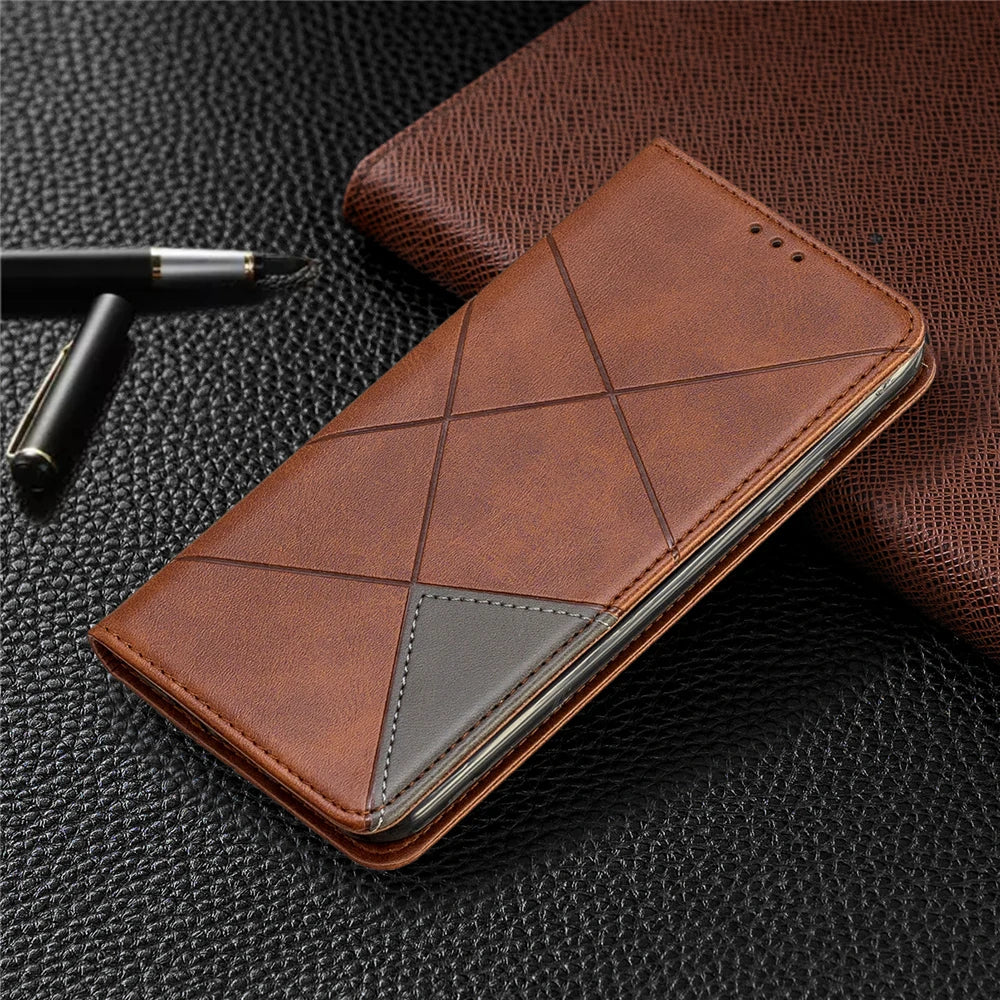 Funda tipo billetera de cuero con diseño geométrico para iPhone 