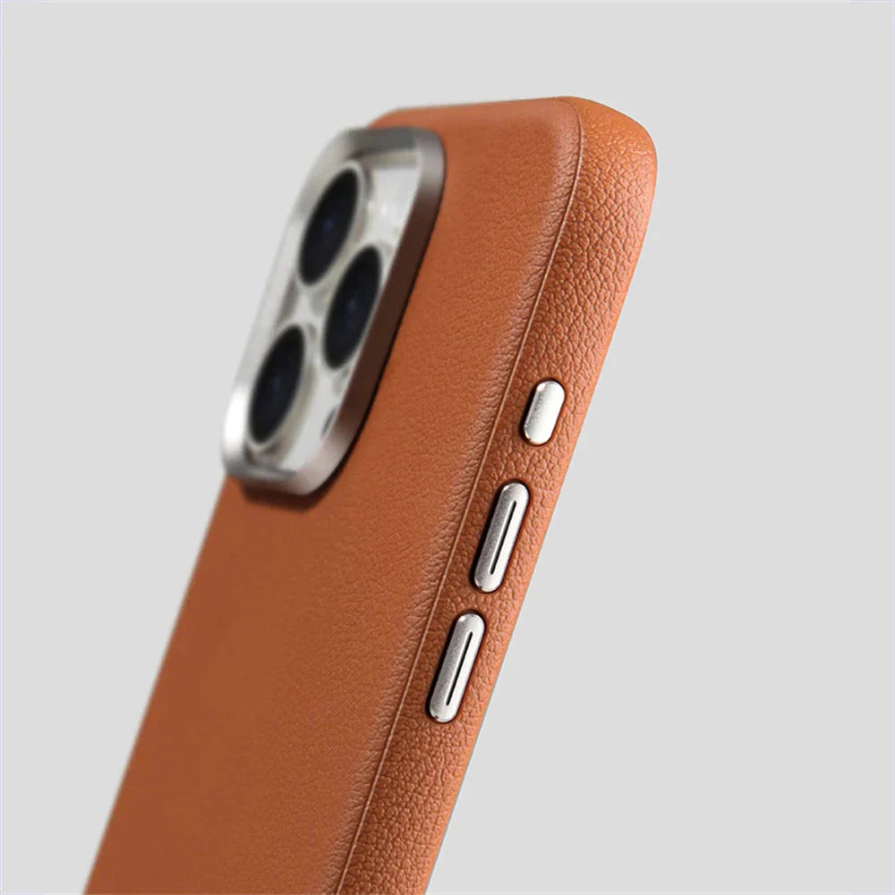 Funda para iPhone con botones de metal y cuero sintético 