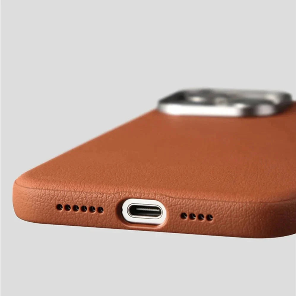 Funda para iPhone con botones de metal y cuero sintético 